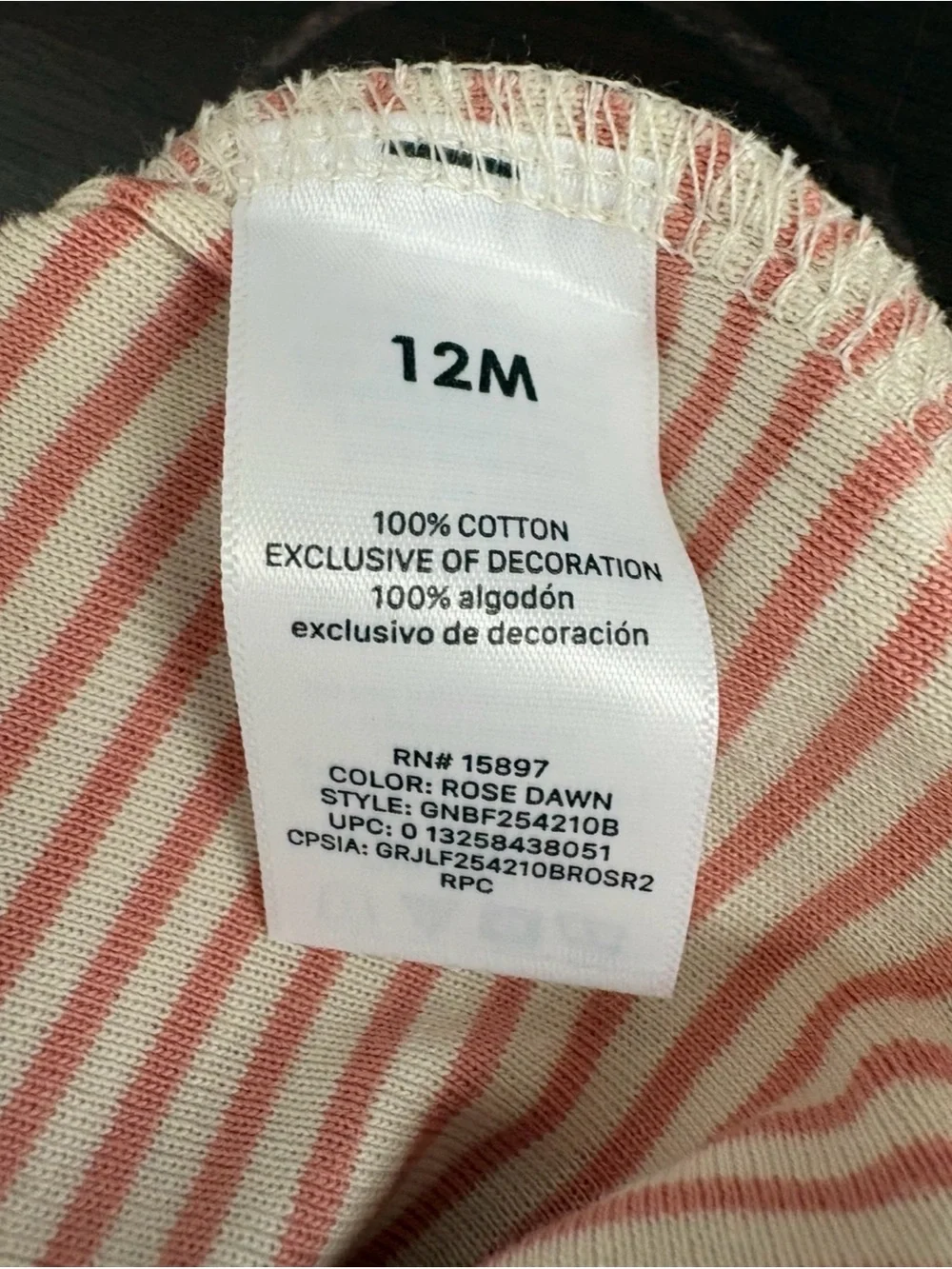 NWOT 100% Cotton Pink & Beige Striped Baby Long Sleeve Bodysuit Onesie